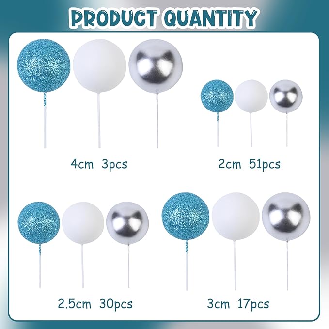 101 Pcs Teal Blue Theme Ball Cake Decorations - Teal Blue Silver White Ball Dessert Picks & Cupcake Toppers, Wedding Bridal Shower Birthday Party Baby Shower Gender Reveal Cake Supplies