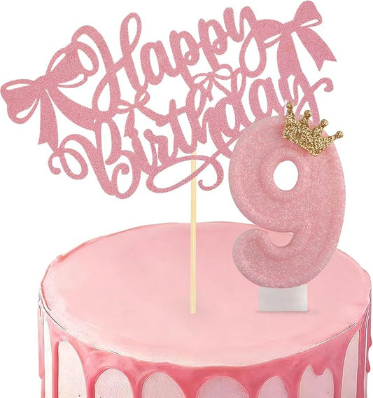 Birthday Candles for Cake, Pink Number Candles, Cake Candles with Cake Topper for Birthday Party Wedding Anniversary Celebrations (9 Candle)