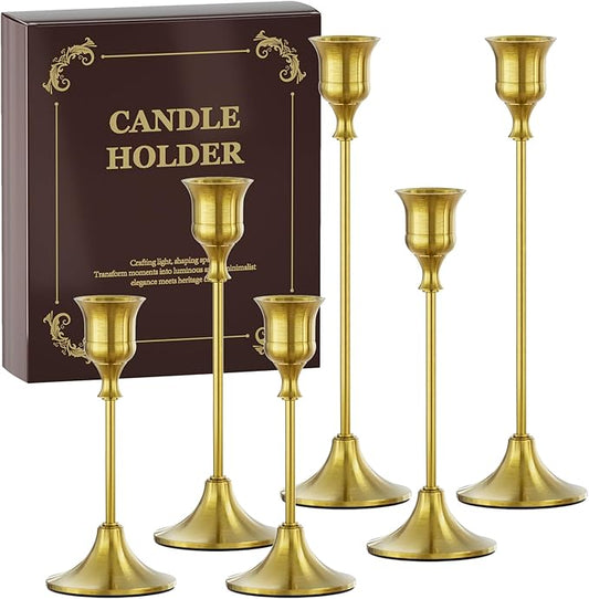 FSyueyun 6 Pcs Brass Candle Holders, Elegant Metal Taper Candle Holders Set, Modern Candlestick Holders for Table Centerpiece, Fireplace Mantel, Wedding, Christmas Home Decor and Housewarming Gift