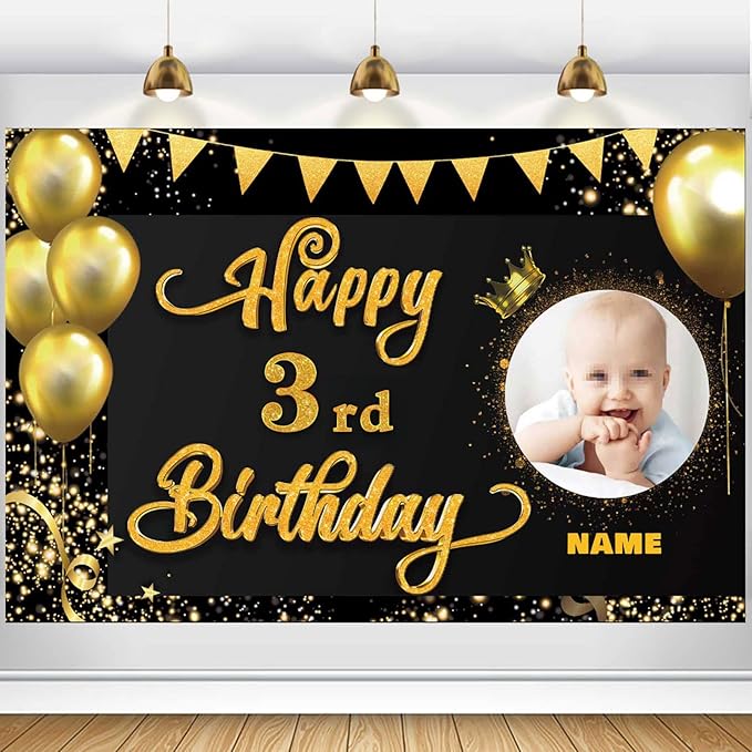 Custom Happy 3rd Birthday Decorations Banner -3 Years Old Backdrop forwomenmen Boys Girls - Personalization Party Supplies Black and Gold, 4x6ft/5x7.5ft/6x9ft/7x10.5ft/8x12ft