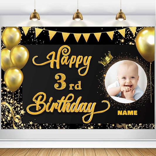 Custom Happy 3rd Birthday Decorations Banner -3 Years Old Backdrop forwomenmen Boys Girls - Personalization Party Supplies Black and Gold, 4x6ft/5x7.5ft/6x9ft/7x10.5ft/8x12ft