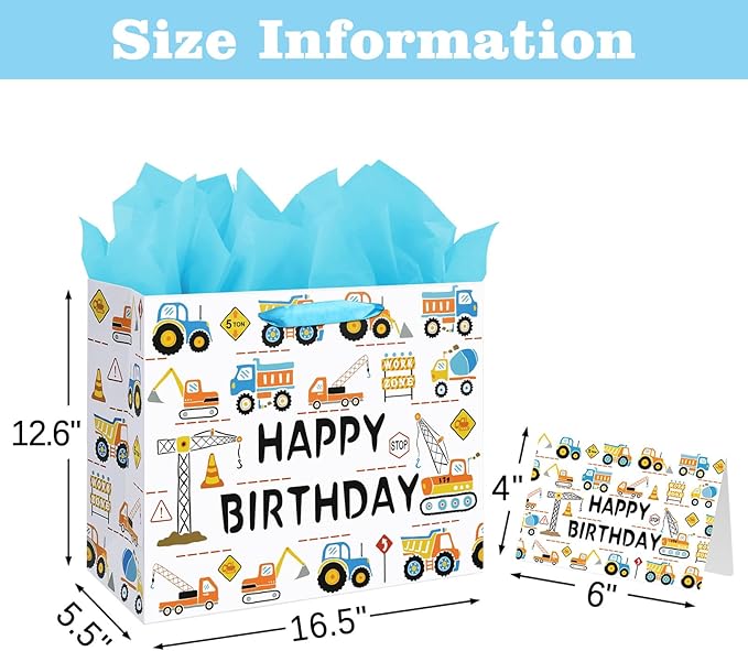 16.5" Large Happy Birthday Gift Bag for Baby Boy Kids with Tissue Paper and Card (Construction Vehicle)