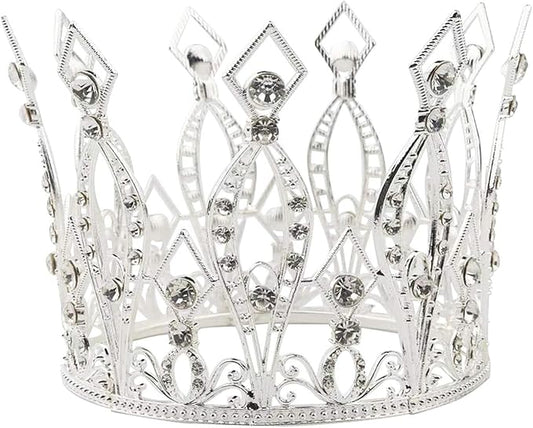 Crown Cake Topper Rhinestone Crystal Handmade Tiara Cake Decoration for Baby Shower Birthday Wedding Party Favors (Silver)