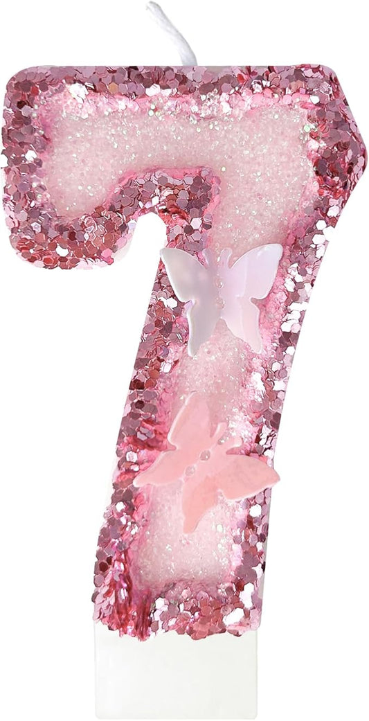 7th Birthday Candles，Glitter Butterfly Cake Toppers Pink Sequins Wedding Numeral Cupcake Decorations，Suitable for Girl and boy Wedding Cakes, Party Celebrations, Birthday Decorations