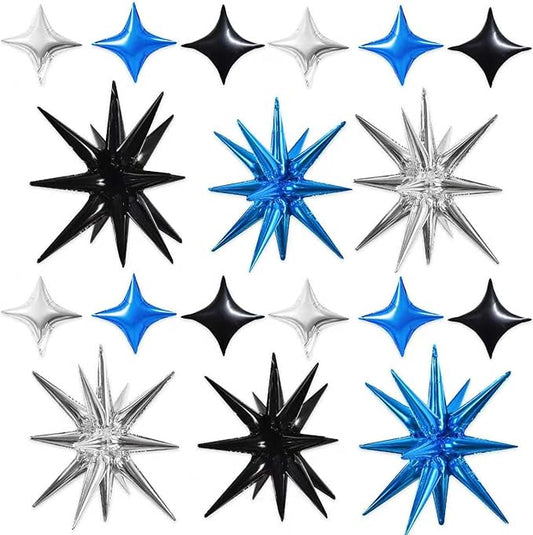 TONIFUL 22Inch 18Pcs Black Blue Silver Explosion Star Mylar Balloons and 10Inch Four Pointed Star Balloons Set for Christmas New Year Birthday Wedding Bridal Shower Anniversary Photo Booth Supplies