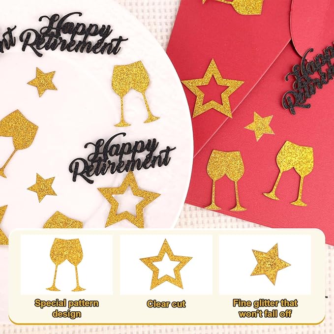 100pcs Gold Confetti, 4 Design Happy Retirement Confetti Wine Glass Five-Pointed Star Letters Birthday Table Decorations Gold Table Scatter for Wedding Office Farewell Party Celebration Supply