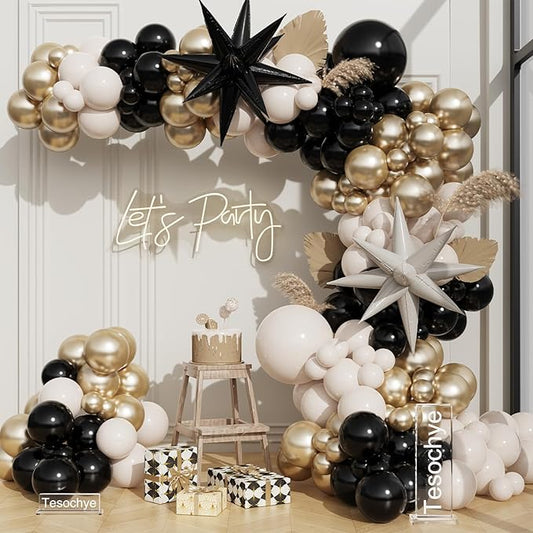 Black And Gold Balloon Arch Kit,Sand White Chrome Gold Balloons with Exploding Star Foil Balloons for New Year Decorations Graduation Retirement Adult Birthday Party Wedding Decor