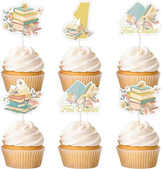 Cheereveal 24Pcs Storybook Cupcake Toppers, Storybook 1st Birthday Cupcake Picks, First Chapter Book Club Themed 1st Bday Baby Shower Decorations Supplies