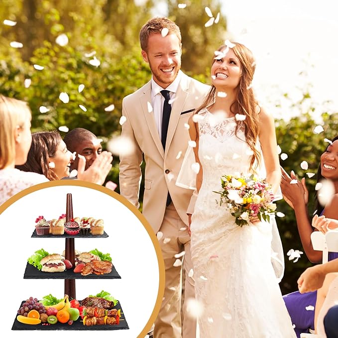 3 Tier Serving Tray 3 Tier Cupcake Stand Cupcake Stand Modern and Rustic Dessert Table Display,Slate & Acacia Wood Tiered Tray Serving Food Fruit Tray for Wedding Birthday Baby Shower
