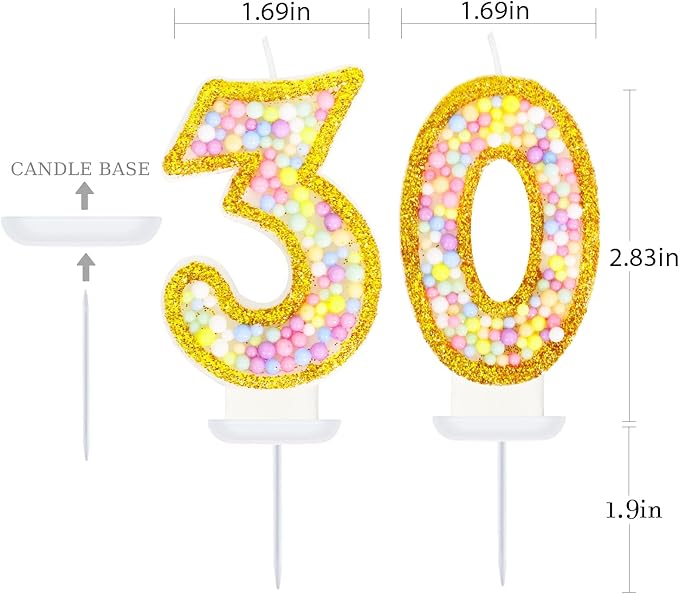 30th Birthday Candle for Cake, Colorful Macaron Numeral Candles for Women/Men, Birthday Party Cake Decorations, Golden Cake Topper for Birthday Party Supplies (Number 30)