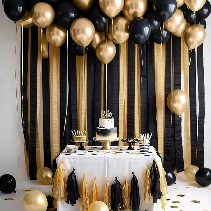 Captain Décor 4 Crepe Paper Streamers Rolls, 328ft Pack of 4 Gold and Black Streamers for Party Decorations, Birthday Streamers, Party Streamers for Wedding Decoration (1.8 inch x 82 ft/Roll)…