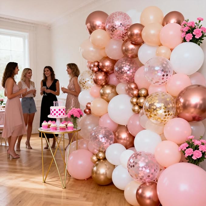 Rose Gold Balloons Arch Garland Kit, Pink and Gold Nude Matte White Confetti Balloons for Princess Girl Birthday Bridal Shower Engagement Celebration Anniversary Wedding Party Decorations