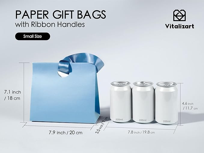 Vitalizart Paper Gift Bags With Ribbon Handles Set of 10 Blue Bulk Reusable For Gift Wrap Girls Kids Birthday Bridal Shower Party Favors Goodie Bags Candy Toys Christmas 7.87"x3.54"x7.09" Small Size