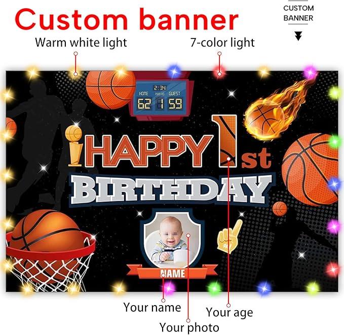 Dicodes Custom Basketball Themed Birthday Decoration Banner with Personalized Photo and Name
