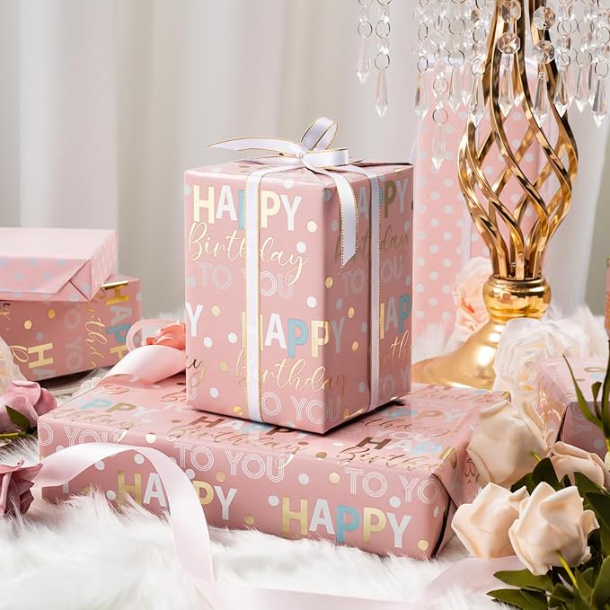MAYPLUSS Reversible Pink Birthday Wrapping Paper Roll - 17 Inch X 33 Feet - Glitter Happy Birthday Lettering Metallic Foil Paper Girl Gift Wrap w/Polka Dot for Holiday Party Baby Shower Mother's Day