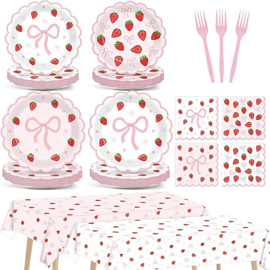 98Pcs Strawberry Bows Scalloped Tableware Set Pink Bow Berry Party Supplies Strawberry Bow Plates Napkins and Forks with Tablecloth Sweet Berry Party Decorations for Baby Shower Birthday Severs 24