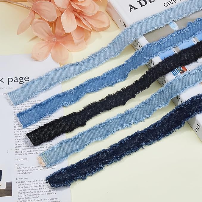 SUPERFINDINGS 5 Rolls Total 10 Yards Fringes Fabric Ribbon 0.98" Width Denim Ribbon Wrapping Frayed Cotton Jean Fabric Ribbon for Gifts Wrapping Hair Sewing Accessories Weddding Decor