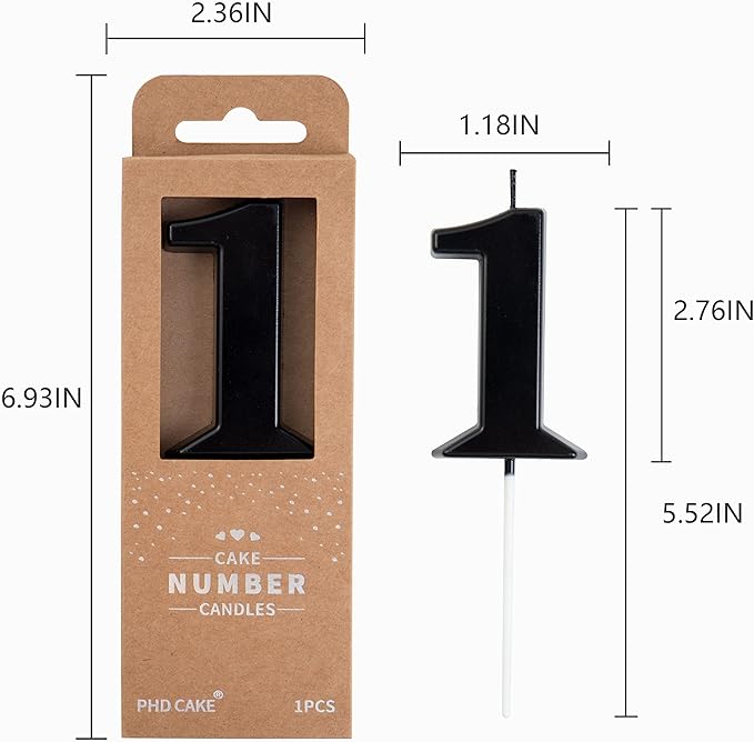 PHD CAKE 2.76 Inch Modern Black 1 Number Birthday Candles, Black Number Candles, Cake Number Candles, Party Celebration