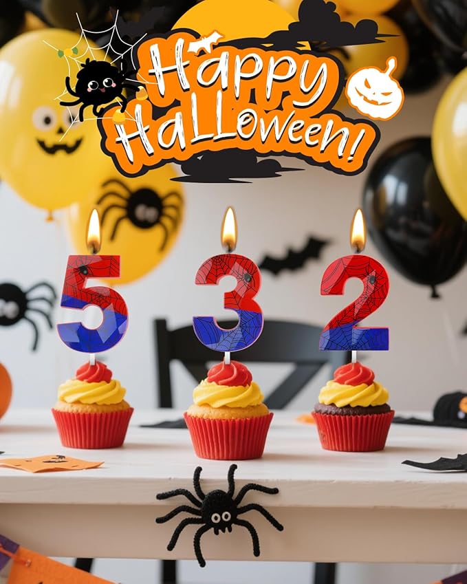 Number 5 Spider Themed Birthday Candle, 2.68 Inch Red Blue Spider Birthday Candles, Number Candles Birthday Cake Toppers Web Candles for Boy Girl Spider Party Decoration Supplies Halloween Party