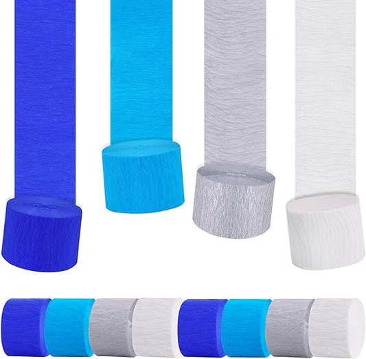 BEISHIDA 8 Rolls Blue Silver White Crepe Paper Streamers for Men Birthday Graduation Party Decorations Baby Shower DIY Craft Paper(1.8 Inch x 82 Ft/Roll)
