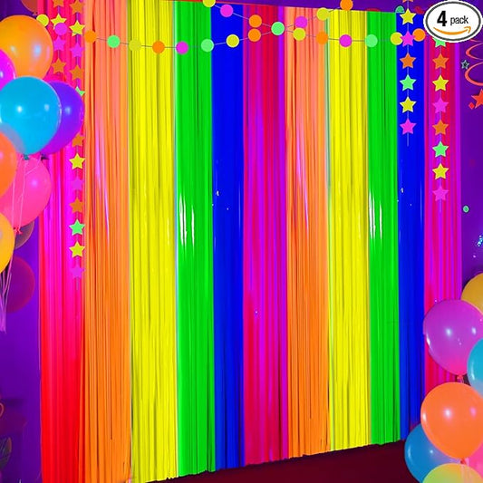 4 Packs Glow in the Dark Foil Fringe Curtain, Macaron Rainbow Blacklight Reactive Fluorescent Tinsel Backdrop Neon Luminous Streamers for Birthday, Wedding, Neon Party, Glow Party Decorations Supplies