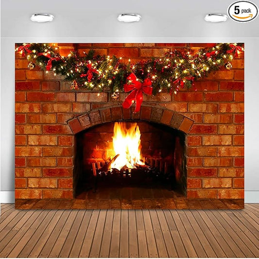 Mocsicka Christmas Fireplace Photography Backdrop Red Brick Fireplace Background for Xmas Eve Home Decor Xmas Family Party Selfie Photo Props (8x6ft)
