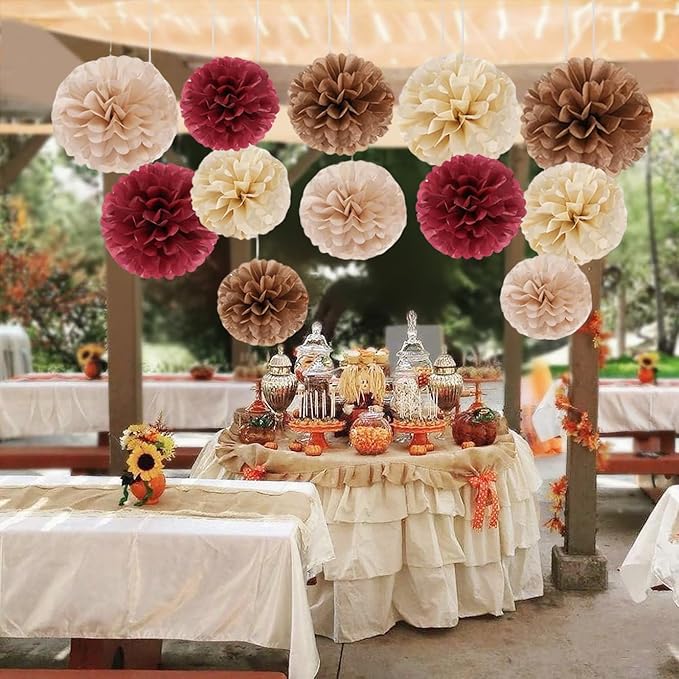 Capesaro Burgundy Beige 12PCS Paper Pom Poms Party Decorations for Engagement,Boho Wedding,Baby Shower