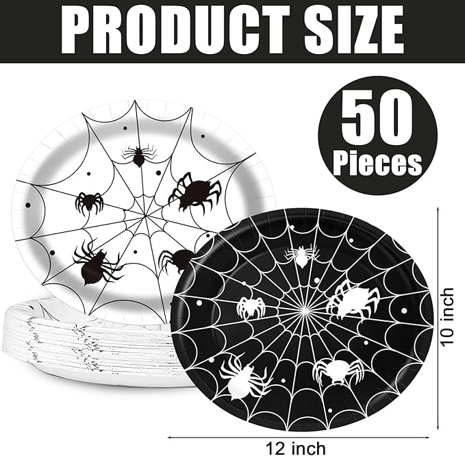 Halloween Spider Web Oval Paper Plates 10’’ x 12’’,Large Disposable Black White Spiderweb Tableware for Halloween Party Table Decor Supplies Tea Party Supplies,50 Guest