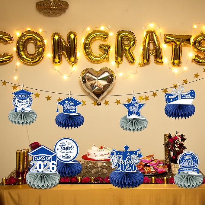 8 PCS Blue Silver Graduation Party Decorations Class of 2026 Blue Congrats Grad Honeycomb Centerpieces Congratulate Graduation Table Toppers for Graduation Party Supplies