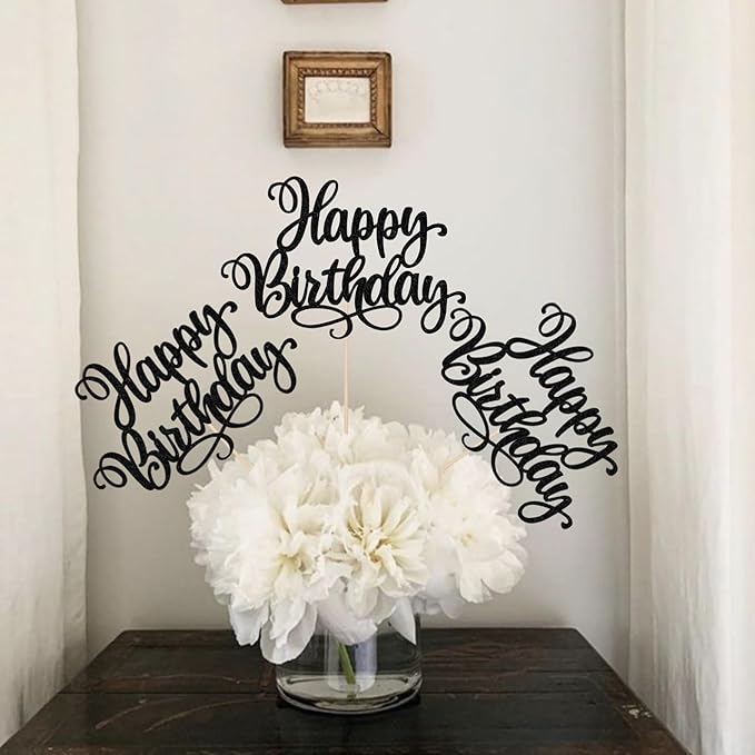 12 PCS Happy Birthday Centerpieces Sticks Double Sided Glitter Birthday Party Decorations Anniversary Table Flower Centerpiece for Celebrating Birthday Party Centerpieces Supplies Black