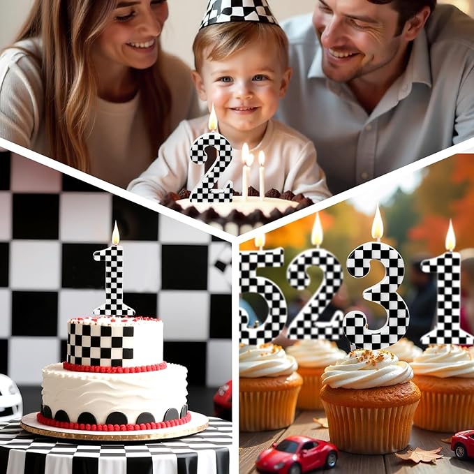 Racing Car Themed Birthday Candles, Number 8 Checkered Candles, Black & White Checkered Cake Decoration, Car Cake Topper for Party Decoration Theme Party Supplies