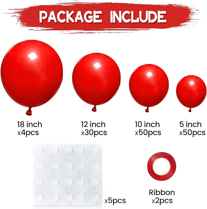 134Pcs Red Balloons Different Sizes 5 10 12 18 Inch Red Balloon Garland Arch Kit, Latex Balloons for Birthday Wedding Baby Shower Party Decorations.