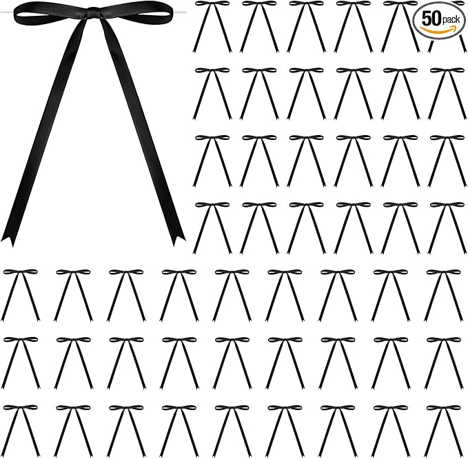 50 Pcs Satin Ribbon Bows 5x7 Inch Twist Tie Bows, Cute Black Bow Decor for Gift Wrapping, Cake Treat Bags, Craft DIY Gift, Party Favors Wedding Decorations (Black)