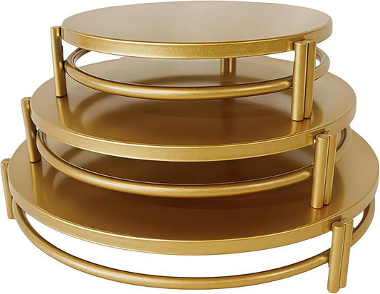 3 Pcs Round Nesting Metal Cake Stands Set 8/10/12 inch Metal Cupcake Display Stands Dessert Trays, Table Decoration Cookie Serving Plates, Suitable for Weddings, Birthdays, Parties, 3 Sizes. (Gold)
