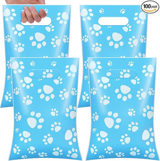 Pasimy 100 Pcs Dog Paw Gift Bags Bulk Pet Paw Puppy Plastic Treat Favor Candy Goodie Bags with Handle for Dog Birthday Party Decoration Supplies(Blue,White)