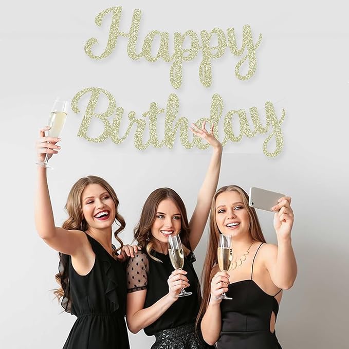 BEISHIDA Happy Birthday Banner - NO DIY,Light Gold 10Feet Pre-Strung-Glitter Birthday Sign Garland Backdrop Decorations for Women men Party