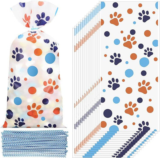 Marspark 100 Pcs Blue Dog Paw Party Favor Goodie Bags Bulk with Ties 10.8 x 5 Inch Cartoon Dog Paw Themed Cellophane Candy Snacks Bags for Baby Shower Birthday Party Decorations