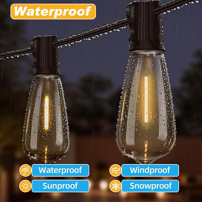 50 FT Outdoor String Lights with 27 Shatterproof Waterproof LED Edison Bulbs Connectable Hanging Patio Lights for Backyard Deck Party