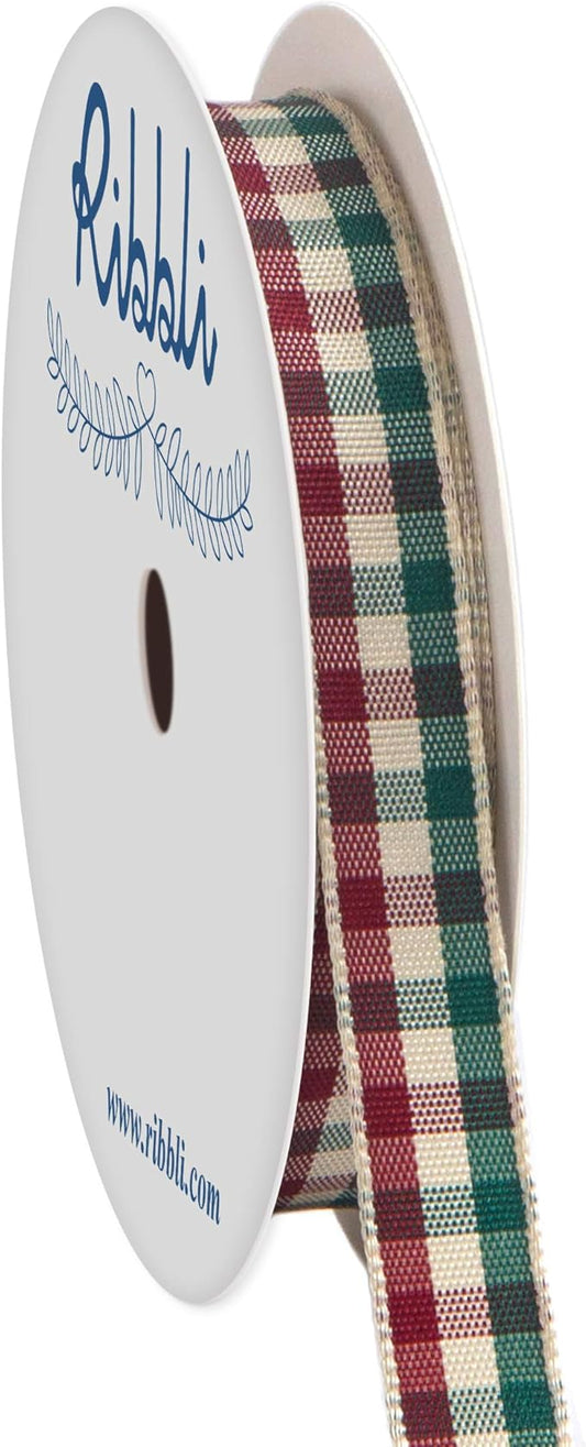 Ribbli Burgundy and Forest Green Gingham Ribbon,100% Polyester Woven Edge,3/8 Inch x 10 Yard,Plaid Ribbon Use for Christmas Gift Wrapping,Party Decoration