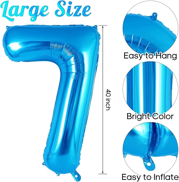 Blue Number 7 Balloon 40 Inch, Big Large Foil Helium Number Balloons, Jumbo Giant Mylar Number 7 Balloons for 7 Year Old Birthday Party Decorations Supplies Anniversary Celebration