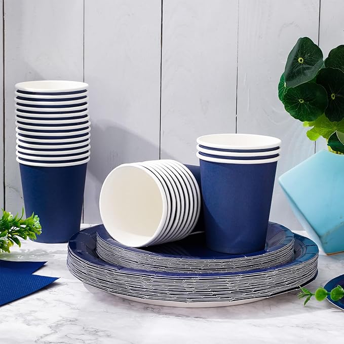 Whaline 100Pcs Navy Blue Tableware Set Wedding Disposable Dinnerware Set Paper Plates Napkins and Cups for 25 Guests Wedding Birthday Bride Shower Party Supplies Table Decorations
