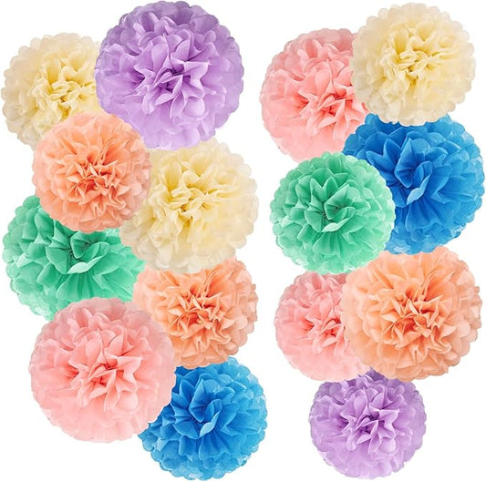 EASY JOY 15PCS Pastel Paper Tissue Pom Poms Decoration Macaron Rainbow Candy Ice Cream Easter Flowers Wall Hanging Decor for Birthday Wedding Baby Shower