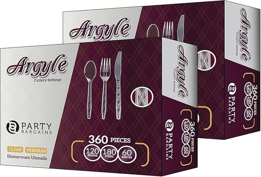 PARTY BARGAINS Argyle Settings Clear Plastic Cutlery Set 720‑Piece – 360 Forks, 240 Spoons, 120 Knives – Heavy‑Duty Disposable Utensils for Parties, Weddings, Buffets, BBQs & Catering – BPA Free