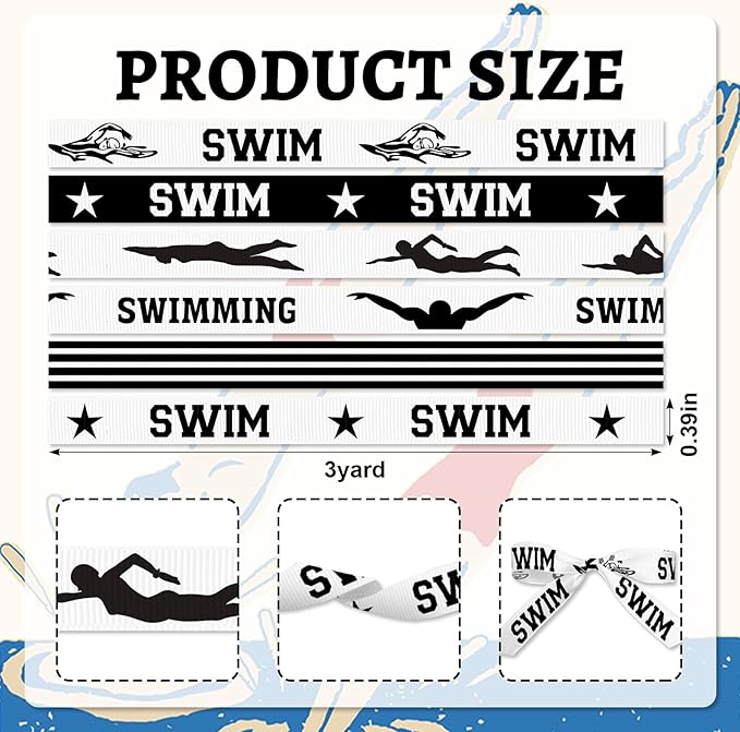 6 Rolls 3/8'' Swim Ribbons Swimming Team Ribbon for Wreath Bows DIY Crafts White Black Grosgrain Ribbons for Wrapping Swimming Team Birthday Party Home Decoration 18 Yards
