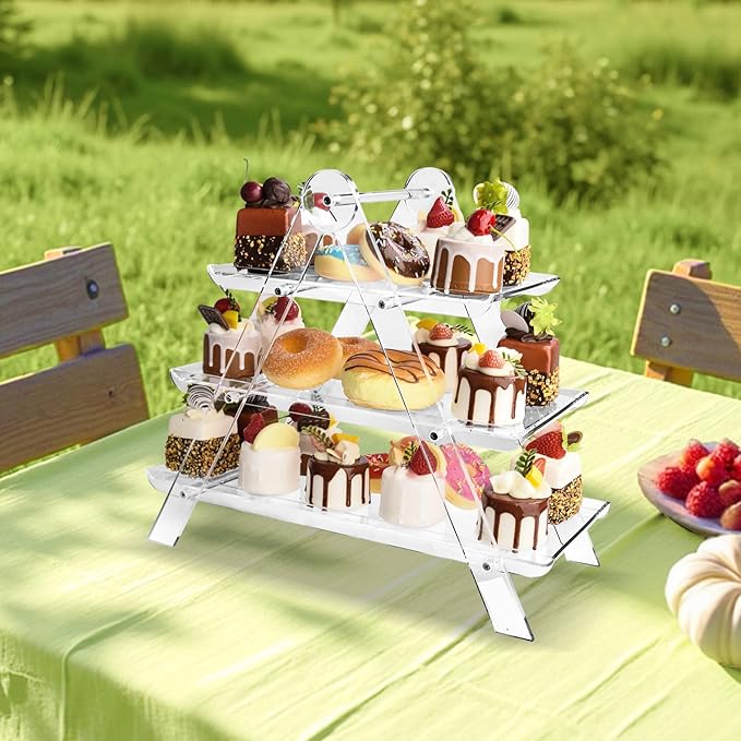 3 Tier Serving Tray, Cupcake Stand Party Serving Decorative Tray Decor with 2m Light String, Reusable Collapsible Tiered Serving Tray for Birthday Tea Wedding Party Baby Shower Christmas (Acrylic)
