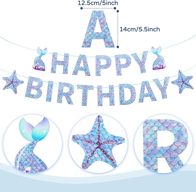 ZERODECO Mermaid Birthday Party Decorations, Iridescent Mermaid Garland, Happy Birthday Banner and Fishnet for Pirate Party, Nautical Decor, Under The Sea Party Decorations