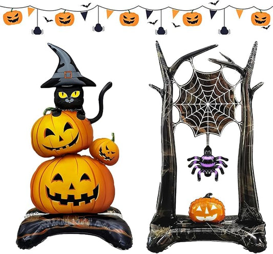 Halloween Inflatable Standing Balloons Giant Pumpkin Black Cat & Spider Web Scary Theme Foil Mylar Balloons for Day of the Dead Halloween Spooky Party Wall Inflatable Decorations