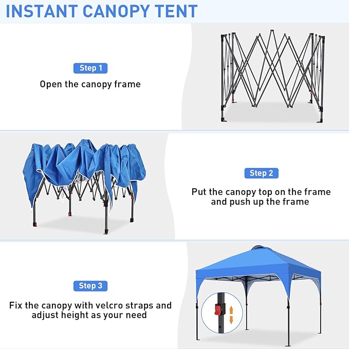 Pop Up Canopy, 10x10 FT Instant Outdoor Canopy Tent with Carrying Bag, 3 Adjustable Heights - Portable for Event, Parties, Camping and More Outdoor Activities