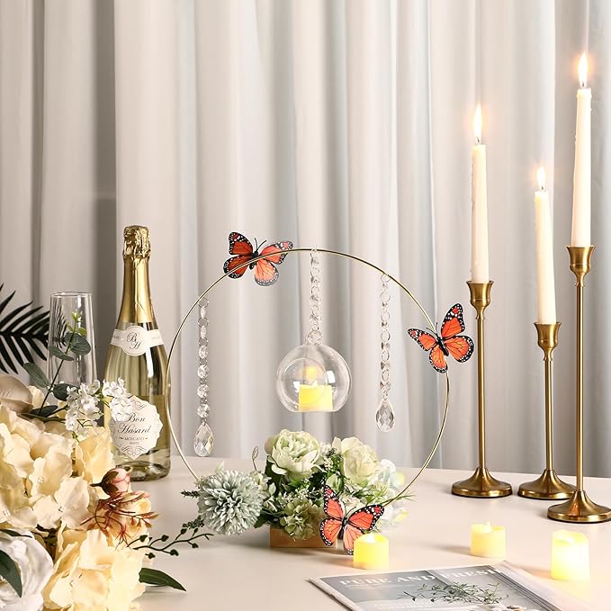 Leinuosen 12 Pack 12'' Metal Floral Hoop Centerpieces Set with Wooden Stand, Hanging Candle Holder, Acrylic Crystal Pendant Garland Crystal Garland String, for DIY Wedding Party Tabletop Decoration