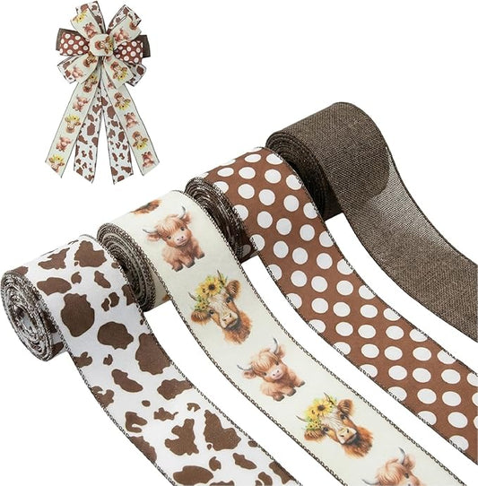 Summer Fall Highland Cow Print Ribbons Wired Edge, 4Rolls, 2.5inch X 20Yards, Brown and Dots Gift Wrapping Ribbons, Home Decor, DIY Crafts, Party Favor, Floral Arrangement Wreath Bow (Brown)